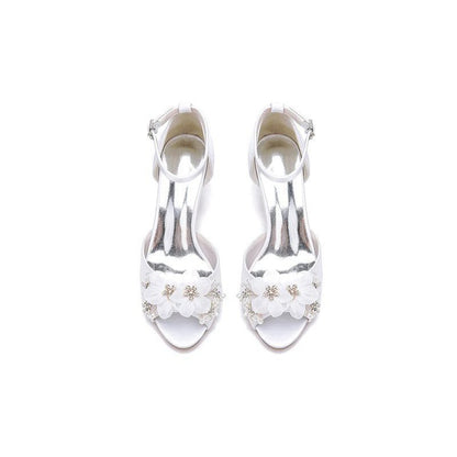 Peep Toe Rhinestone Chunky Heel Pumps with Flower