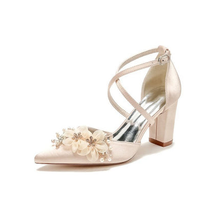 Pointed Toe Chunky Heels with Flower