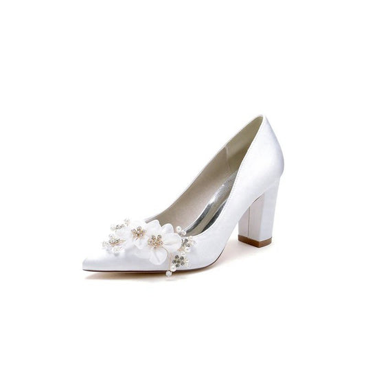 Pointed Toe Rhinestone Chunky Heels with Flower