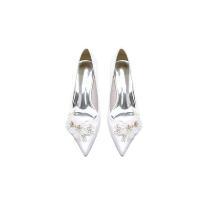 Pointed Toe Rhinestone Chunky Heels with Flower