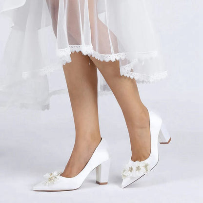Pointed Toe Rhinestone Chunky Heels with Flower