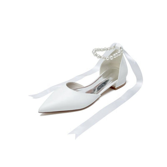Pointed Toe Ankle Strap Pearl Beaded Ribbons Low Heels