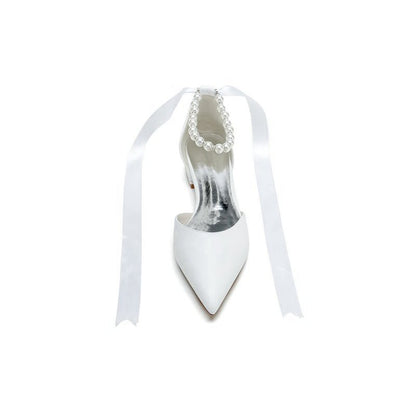 Pointed Toe Ankle Strap Pearl Beaded Ribbons Low Heels