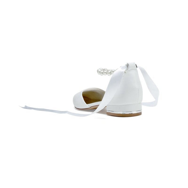 Pointed Toe Ankle Strap Pearl Beaded Ribbons Low Heels