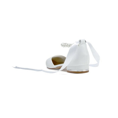 Pointed Toe Ankle Strap Pearl Beaded Ribbons Low Heels