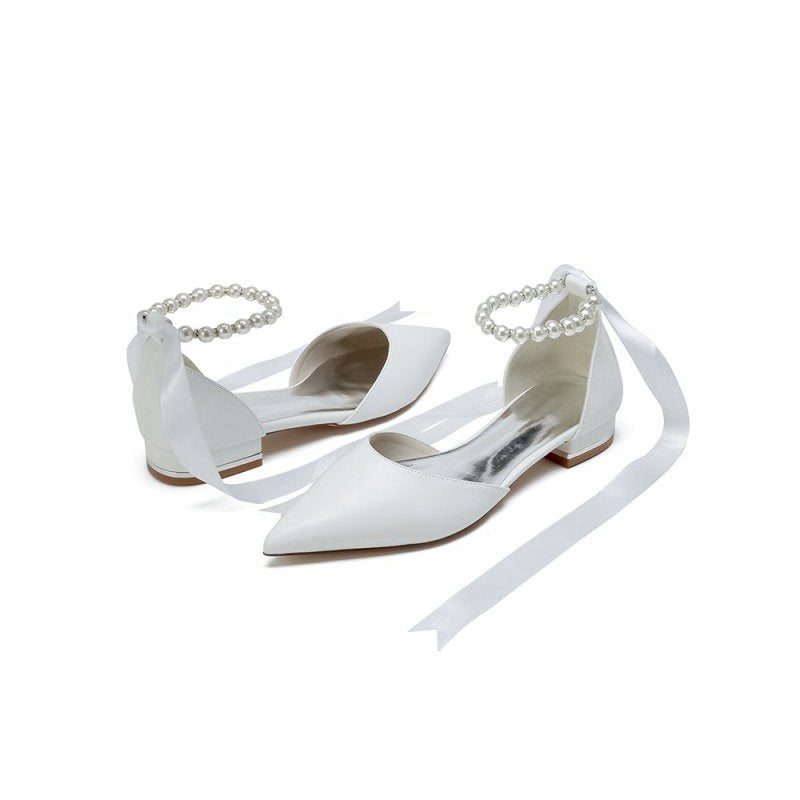 Pointed Toe Ankle Strap Pearl Beaded Ribbons Low Heels