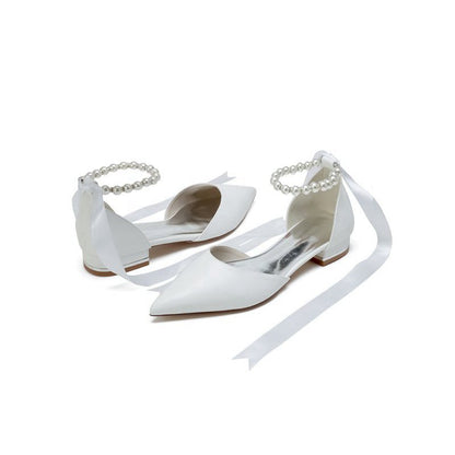 Pointed Toe Ankle Strap Pearl Beaded Ribbons Low Heels