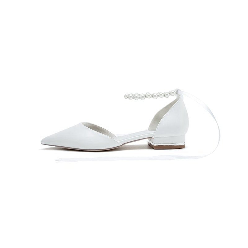 Pointed Toe Ankle Strap Pearl Beaded Ribbons Low Heels