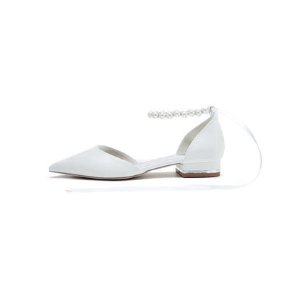 Pointed Toe Ankle Strap Pearl Beaded Ribbons Low Heels