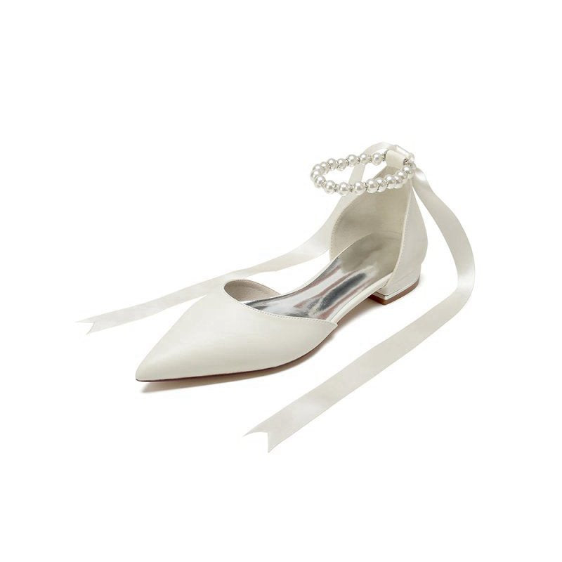 Pointed Toe Ankle Strap Pearl Beaded Ribbons Low Heels