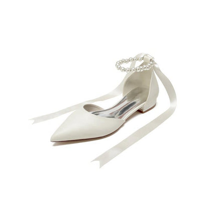 Pointed Toe Ankle Strap Pearl Beaded Ribbons Low Heels