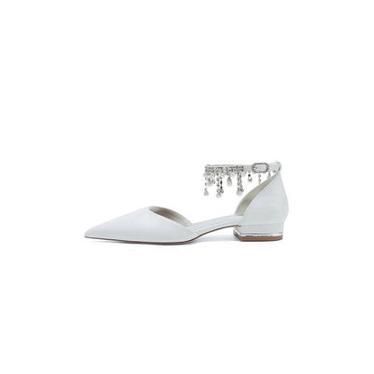 Pearl Beaded Ankle Strap Pointed Toe Low Heels