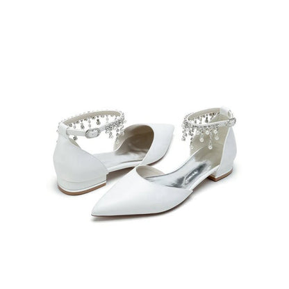 Pearl Beaded Ankle Strap Pointed Toe Low Heels