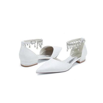 Pearl Beaded Ankle Strap Pointed Toe Low Heels