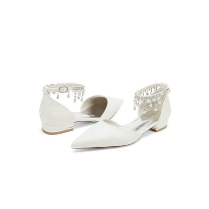 Pearl Beaded Ankle Strap Pointed Toe Low Heels