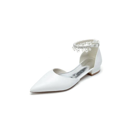 Pointed Toe Ankle Strap Pearl Beaded Low Heels