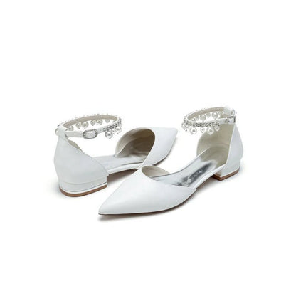 Pointed Toe Ankle Strap Pearl Beaded Low Heels