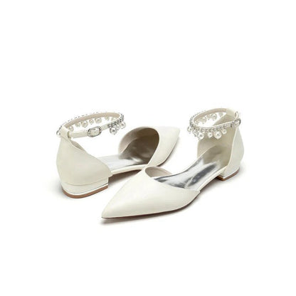 Pointed Toe Ankle Strap Pearl Beaded Low Heels
