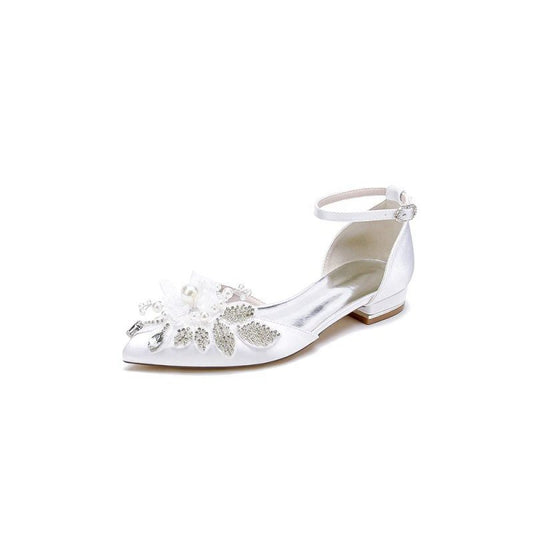 Pointed Toe Ankle Strap Low Heels with Rhinestone