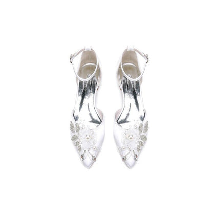 Pointed Toe Ankle Strap Low Heels with Rhinestone