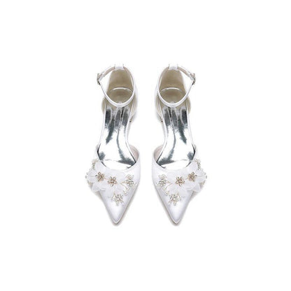 Ankle Strap Pointed Toe Low Heels with Rhinestone Flower