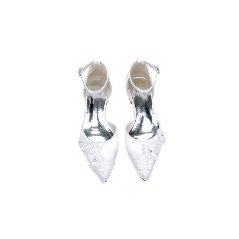 Pointed Toe Ankle Strap Low Heels with Lace