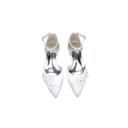 Pointed Toe Ankle Strap Low Heels with Lace