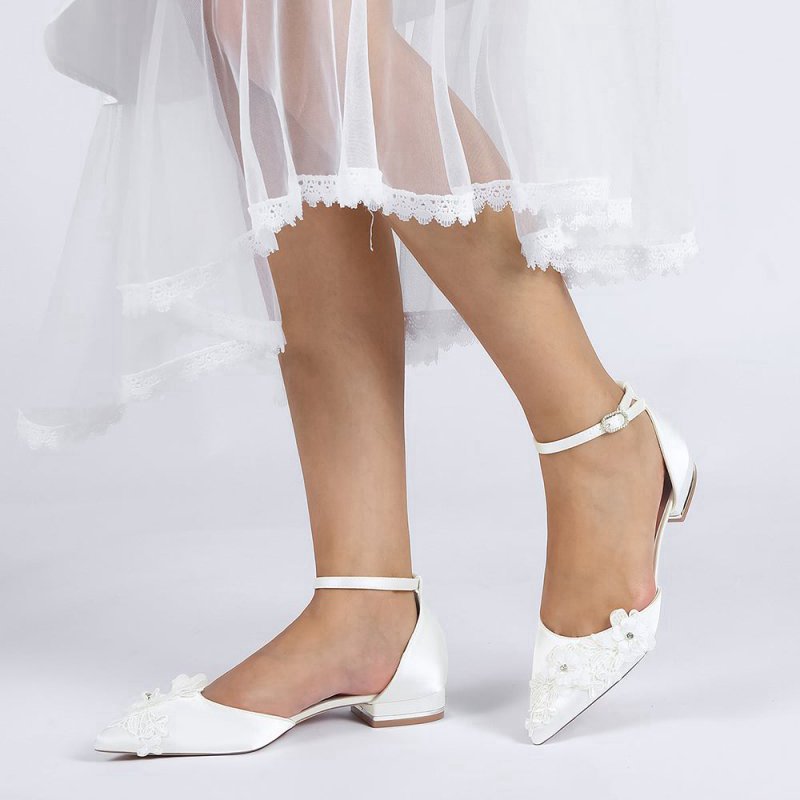 Pointed Toe Ankle Strap Low Heels with Lace