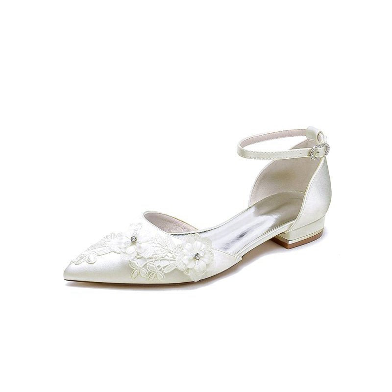 Pointed Toe Ankle Strap Low Heels with Lace