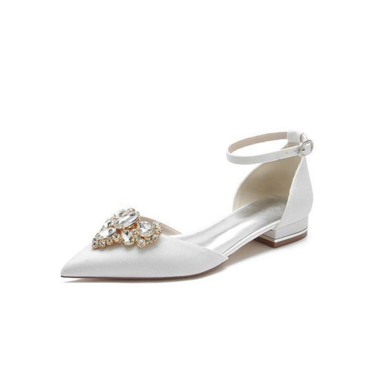 Simple Glitter Pointed Toe Ankle Strap Low Heels with Rhinestone