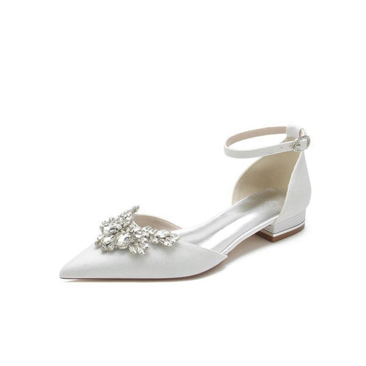 Casual Pointed Toe Ankle Strap Low Heels with Rhinestone