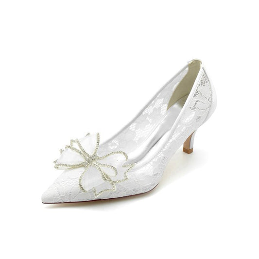 Elegant Pointed Toe Lace Mesh Hollow Out High Heels with Bow