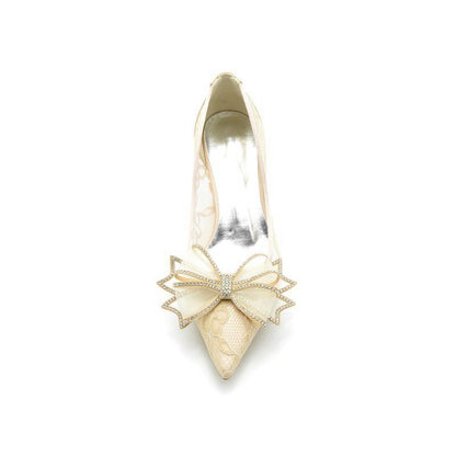 Elegant Pointed Toe Lace Mesh Hollow Out High Heels with Bow