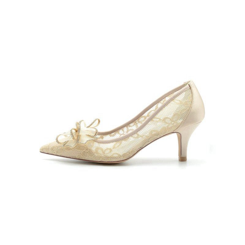 Elegant Pointed Toe Lace Mesh Hollow Out High Heels with Bow