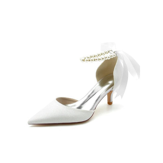Pointed Toe Glitter Crystal Ribbons Faux Pearl Pumps