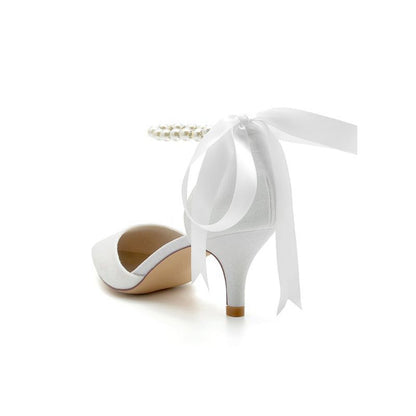 Pointed Toe Glitter Crystal Ribbons Faux Pearl Pumps