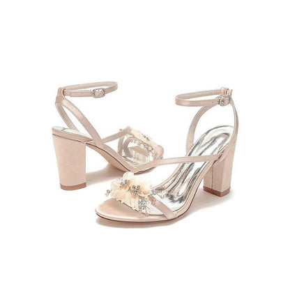 Open Toe Ankle Strap Chunky Heels with Rhinestone Flower