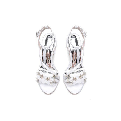 Open Toe Ankle Strap Chunky Heels with Rhinestone Flower