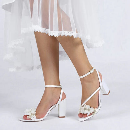 Open Toe Ankle Strap Chunky Heels with Rhinestone Flower