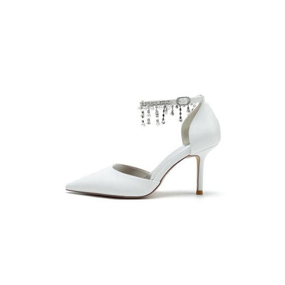 Satin Ankle Strap Pearl Beaded Satin Wedding Shoes
