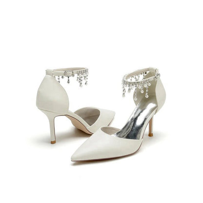 Satin Ankle Strap Pearl Beaded Satin Wedding Shoes