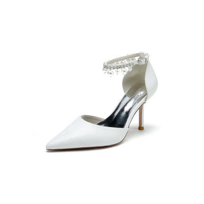 Satin Pointed Toe Pearl Beaded Ankle Strap Simple Wedding Shoes