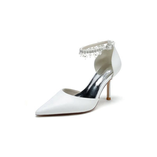 Satin Pointed Toe Pearl Beaded Ankle Strap Simple Wedding Shoes
