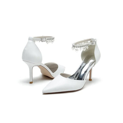 Satin Pointed Toe Pearl Beaded Ankle Strap Simple Wedding Shoes