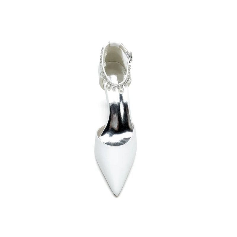Satin Pointed Toe Pearl Beaded Ankle Strap Simple Wedding Shoes