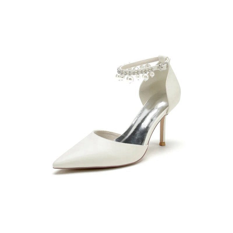 Satin Pointed Toe Pearl Beaded Ankle Strap Simple Wedding Shoes