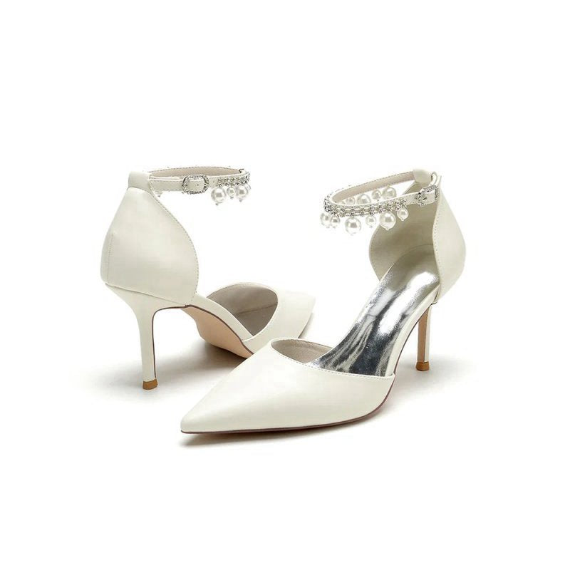 Satin Pointed Toe Pearl Beaded Ankle Strap Simple Wedding Shoes