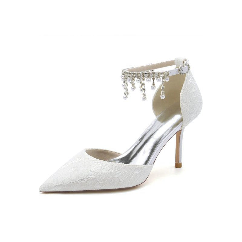 Elegant Ankle Strap Pearl Beaded Wedding Shoes