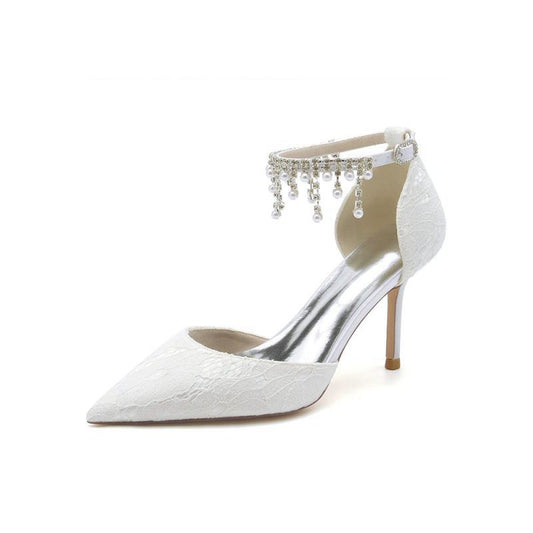 Elegant Ankle Strap Pearl Beaded Wedding Shoes