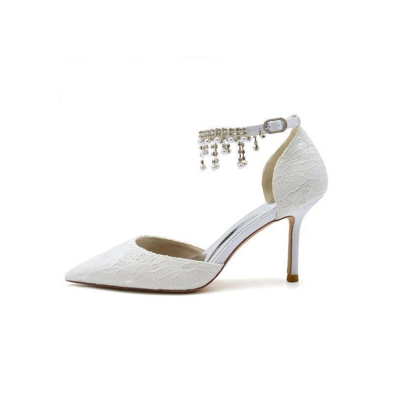 Elegant Ankle Strap Pearl Beaded Wedding Shoes